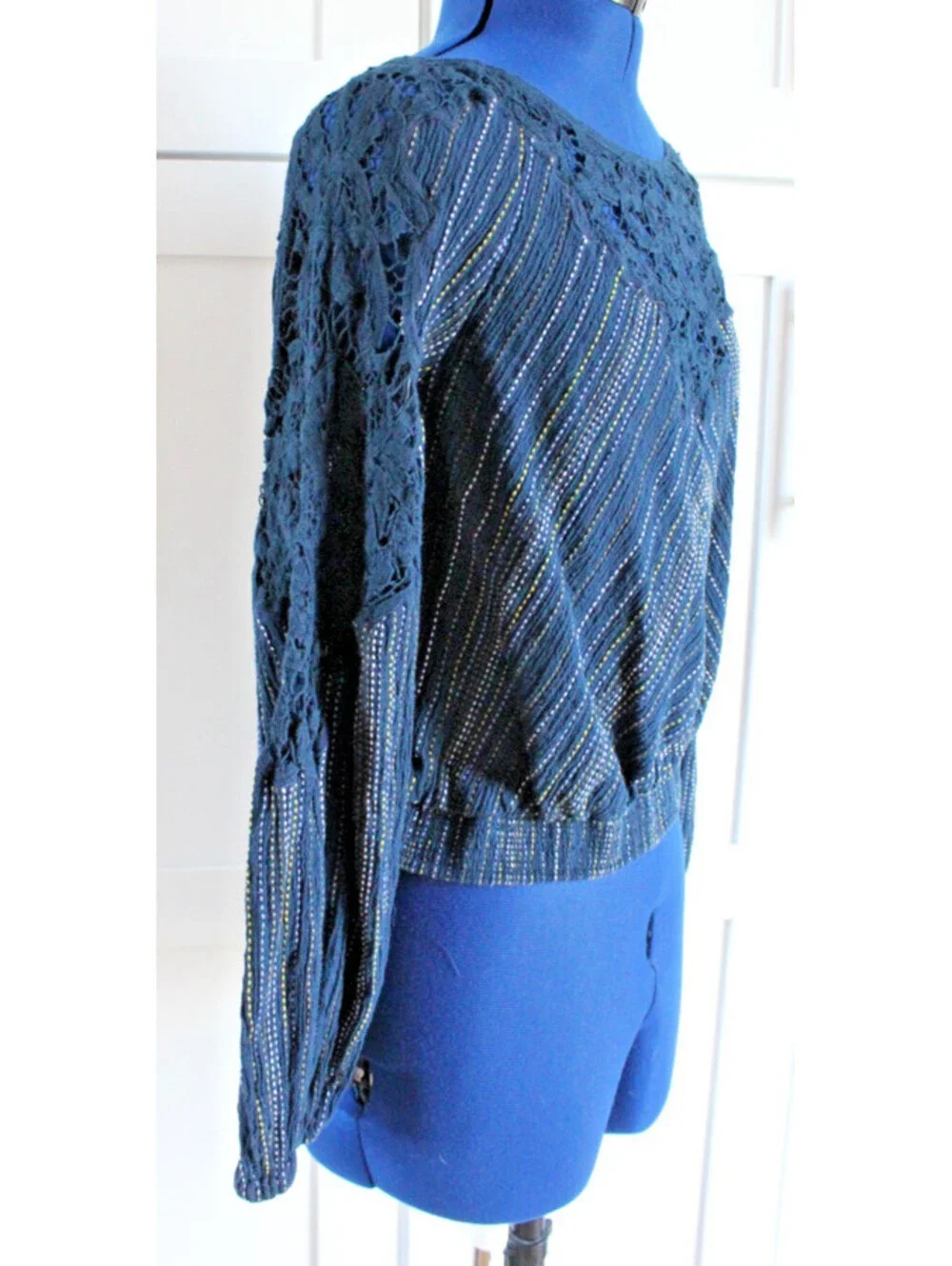 Free People Floating Memories Blouse Navy Lace Balloon Sleeve Boho Top XS
